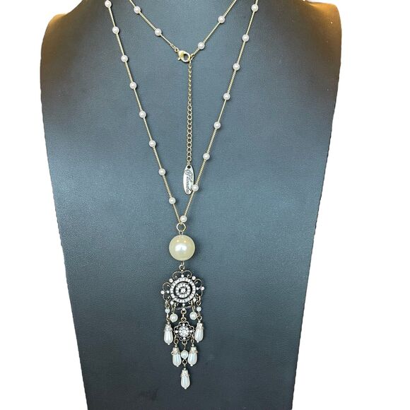 Plunder Design Brand Long Crystal & Faux Pearl Dangle Charm Station Necklace - Picture 2 of 6
